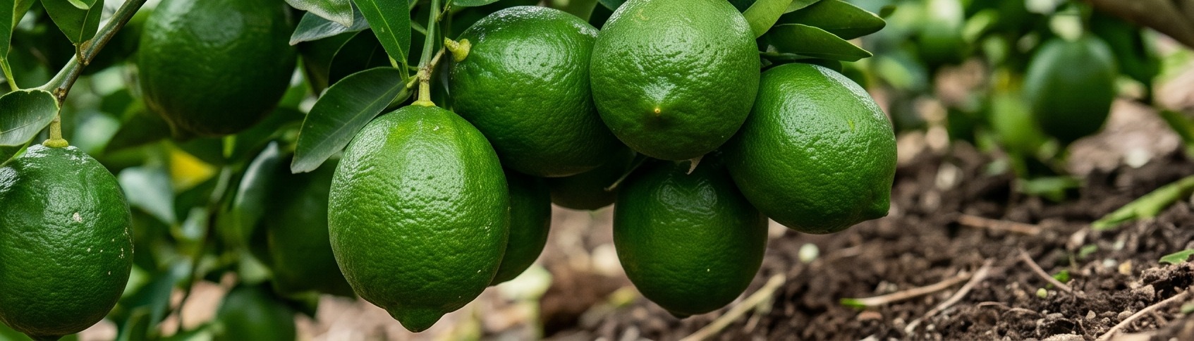 Racimo de limones Tahití verdes colgando de la rama, listos para cosechar.